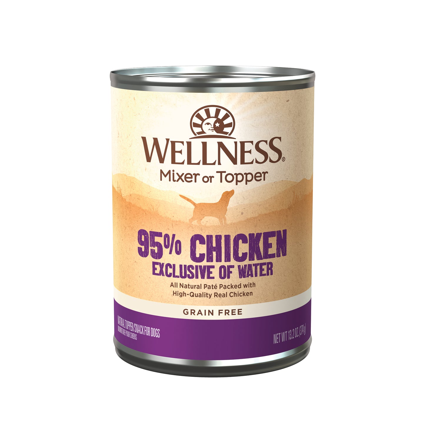 Wellness 95% Chicken Recipe Wet Dog Food 13.2oz can with a beige and purple label.