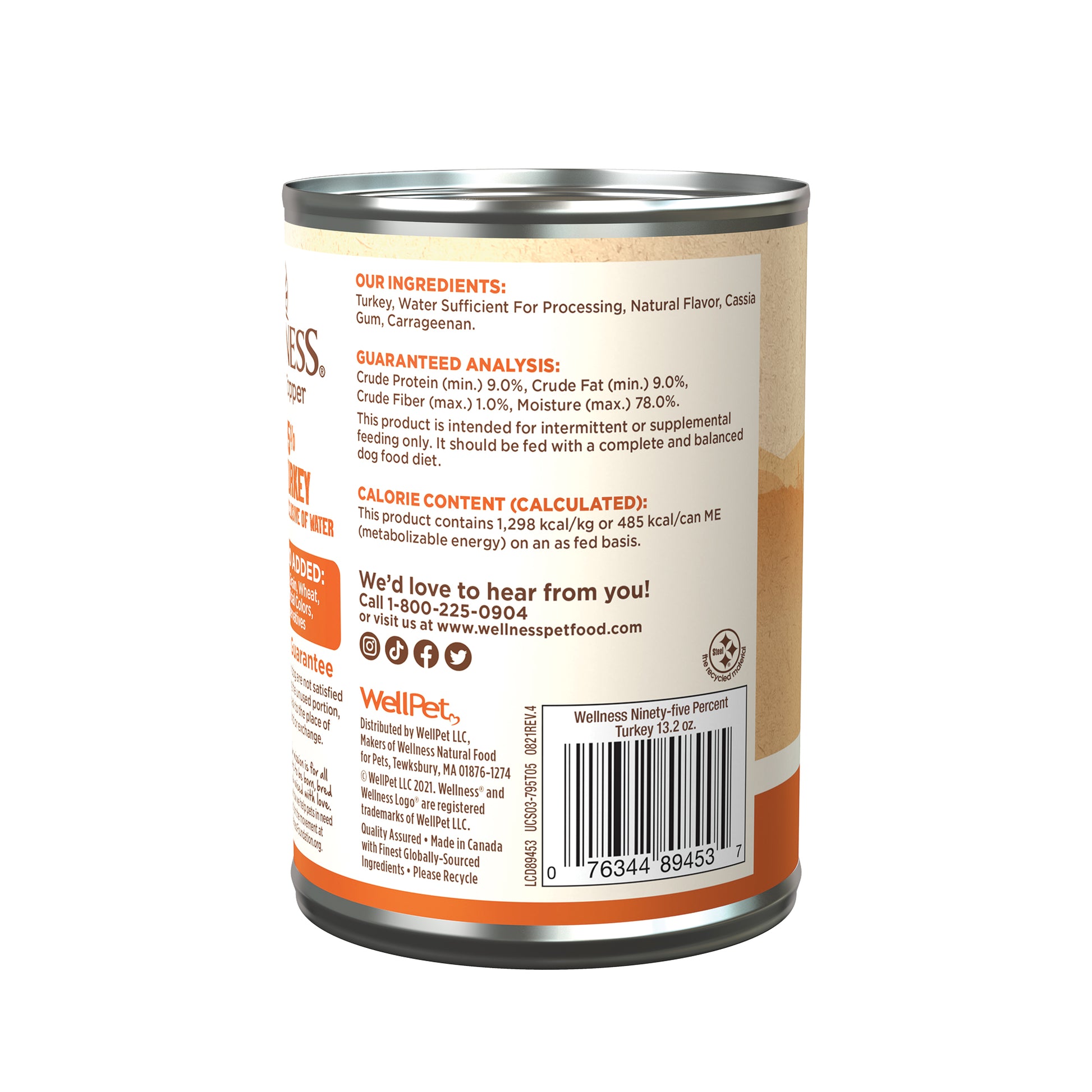 Wellness 95% Turkey Recipe Wet Dog Food 13.2oz can, light brown label with ingredients and barcode.