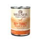 Wellness 95% Turkey Recipe Wet Dog Food 13.2oz can with a desert-themed label and dog silhouette.