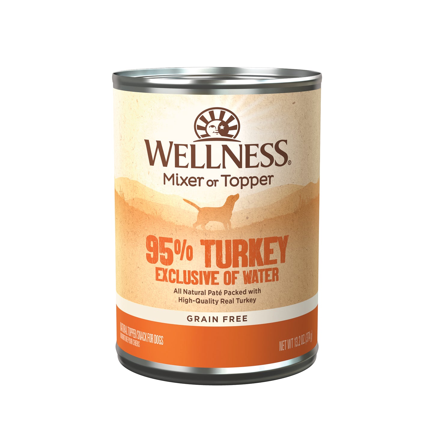 Wellness 95% Turkey Recipe Wet Dog Food 13.2oz can with a desert-themed label and dog silhouette.