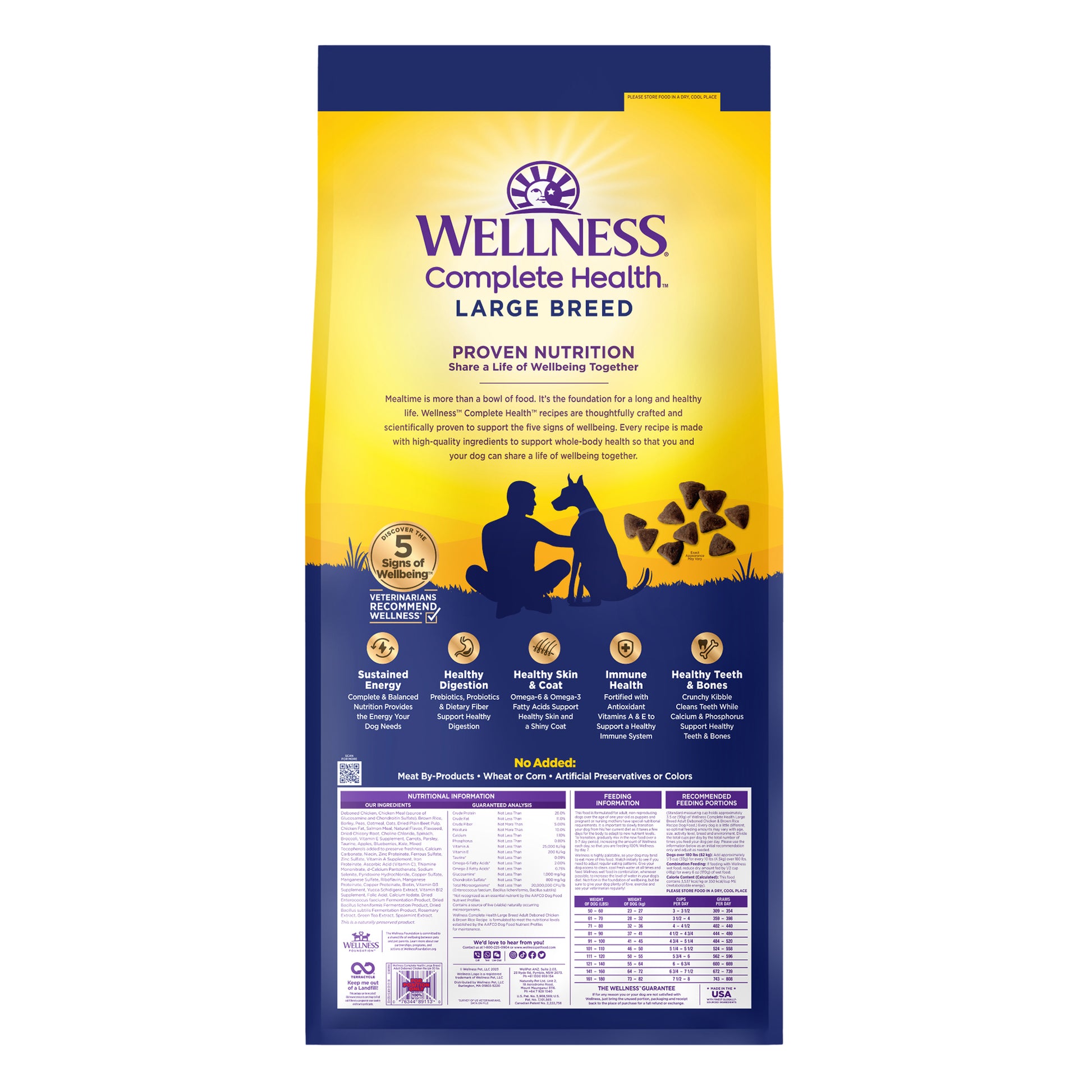 Large yellow bag of Wellness Complete Health Large Breed Dry Dog Food with a man and dog silhouette.