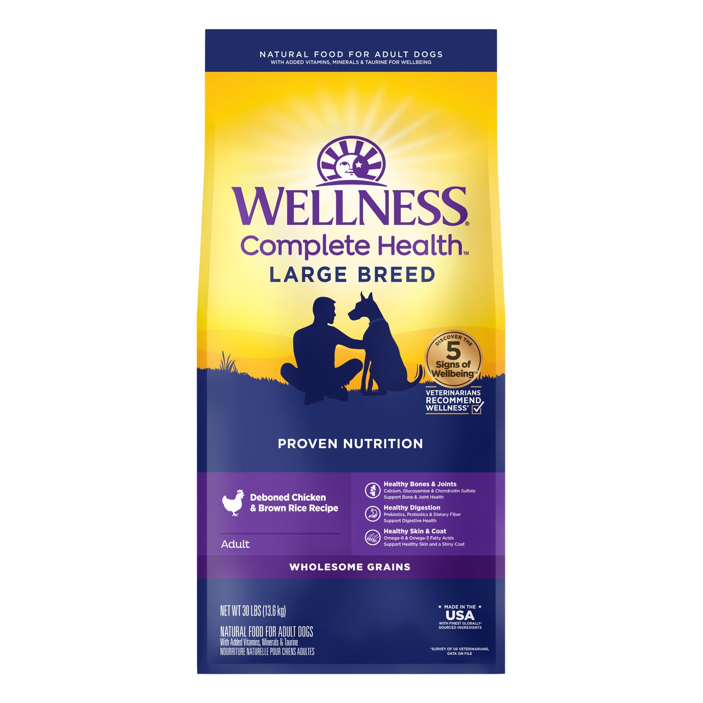 Wellness Complete Health Large Breed Adult Dry Dog Food, 30lb bag, with chicken and brown rice recipe.