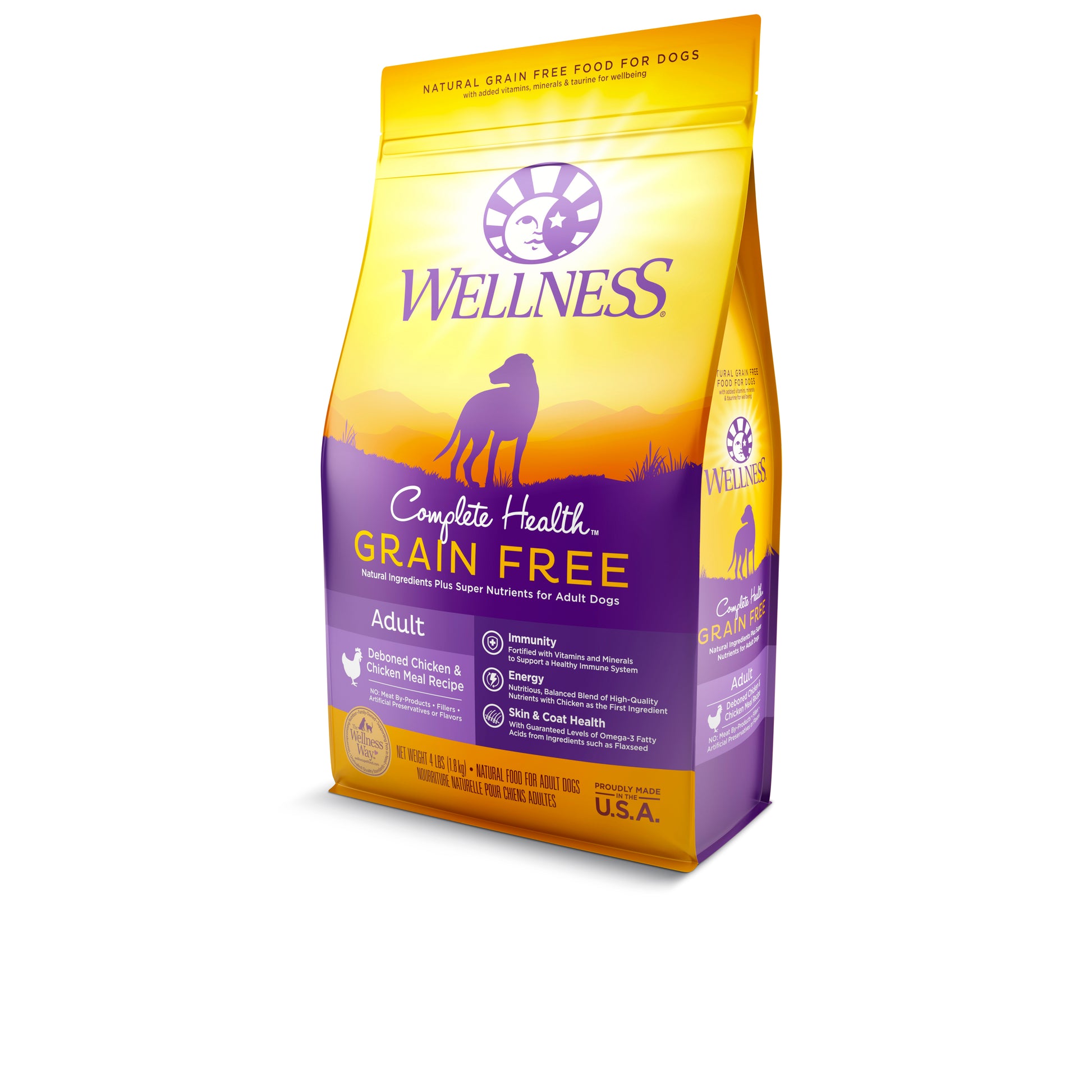 Yellow and purple Wellness Grain Free Adult dog food bag with chicken recipe.