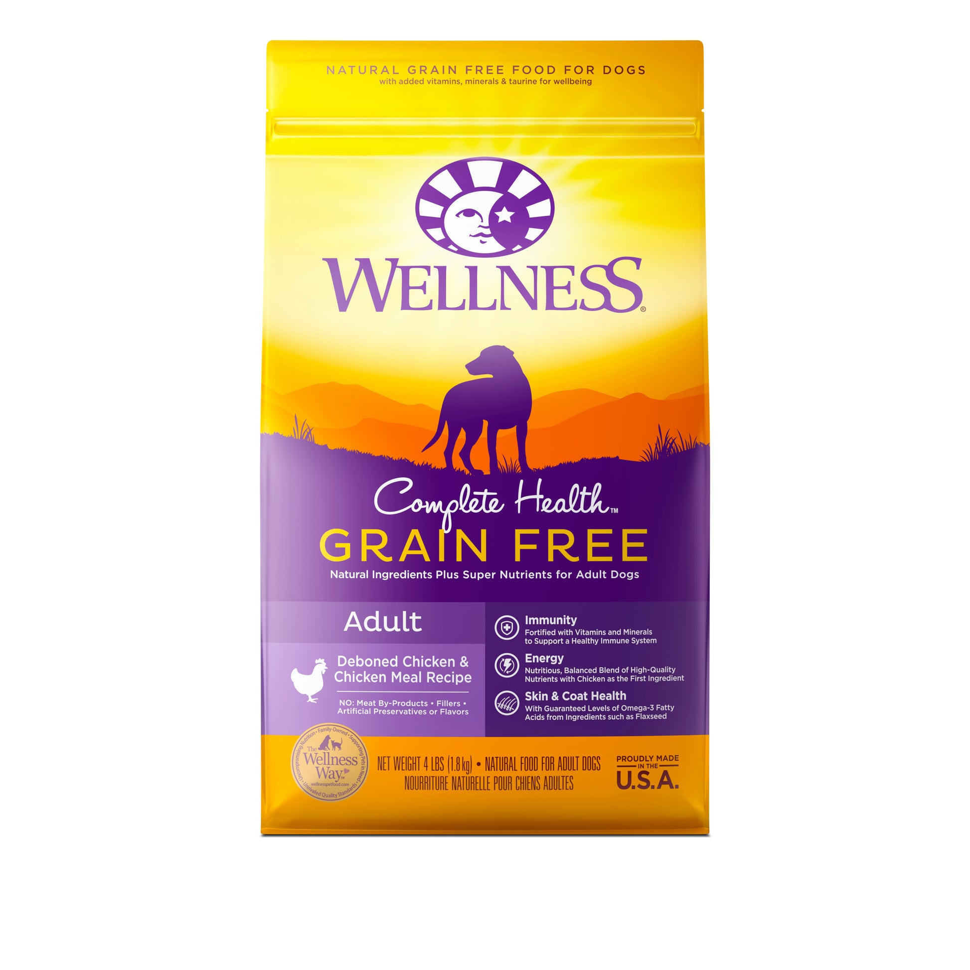 Yellow and purple bag of Wellness Complete Health Grain Free Adult Deboned Chicken dog food with a dog silhouette.