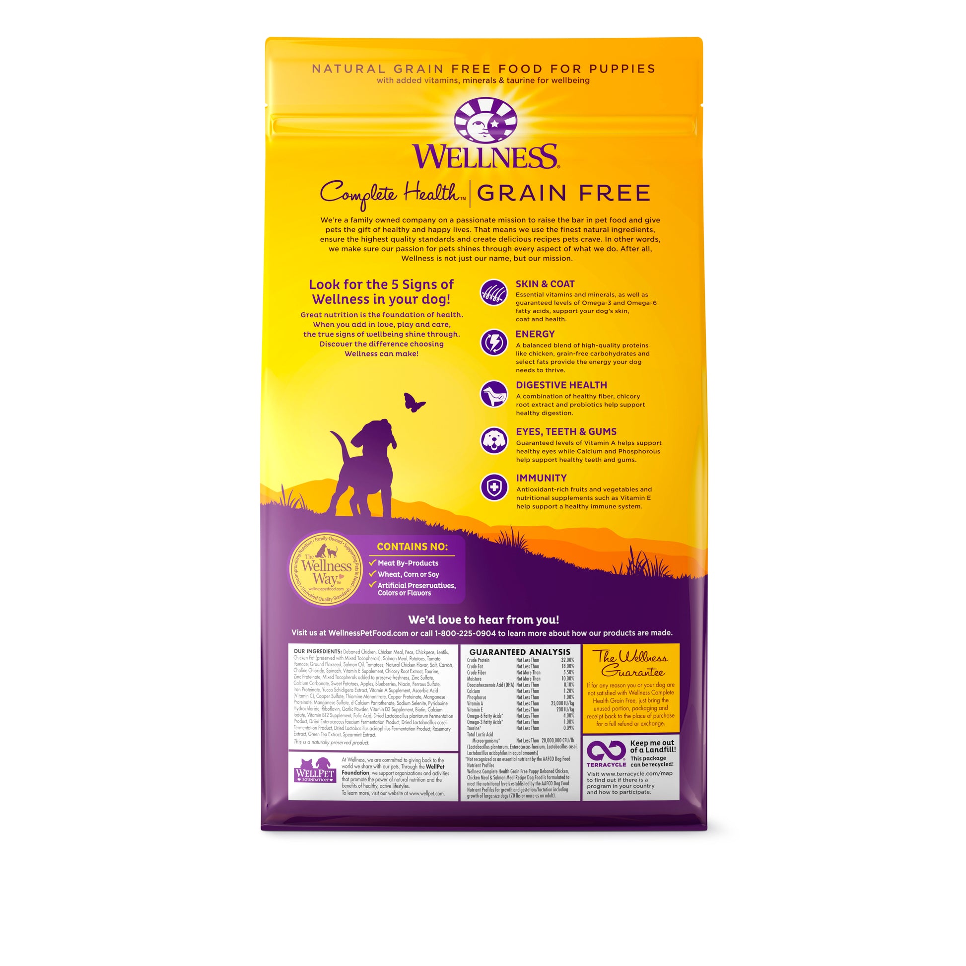 Wellness Complete Health Grain-free Puppy Dry Dog Food bag, yellow and purple with a puppy silhouette.