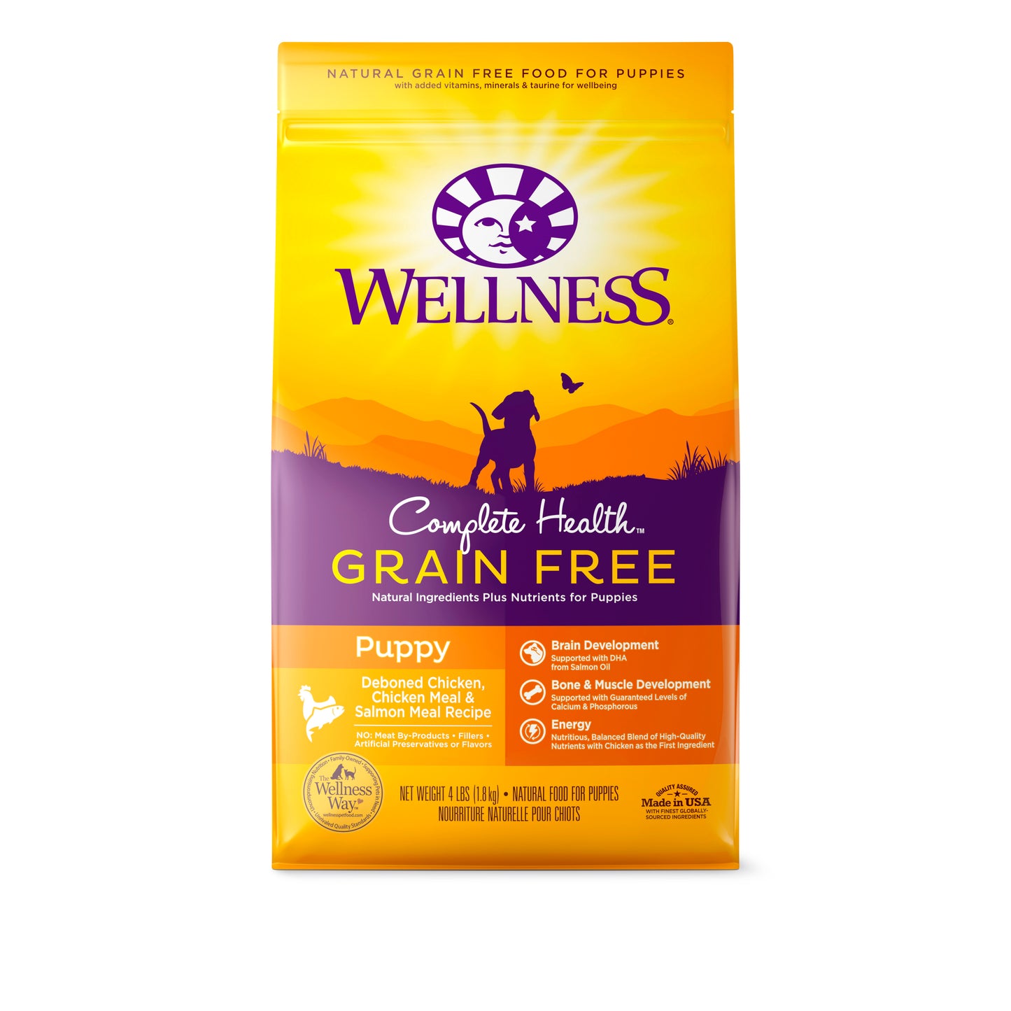 Yellow Wellness Complete Health Grain-Free Puppy Dry Dog Food bag with a puppy silhouette.