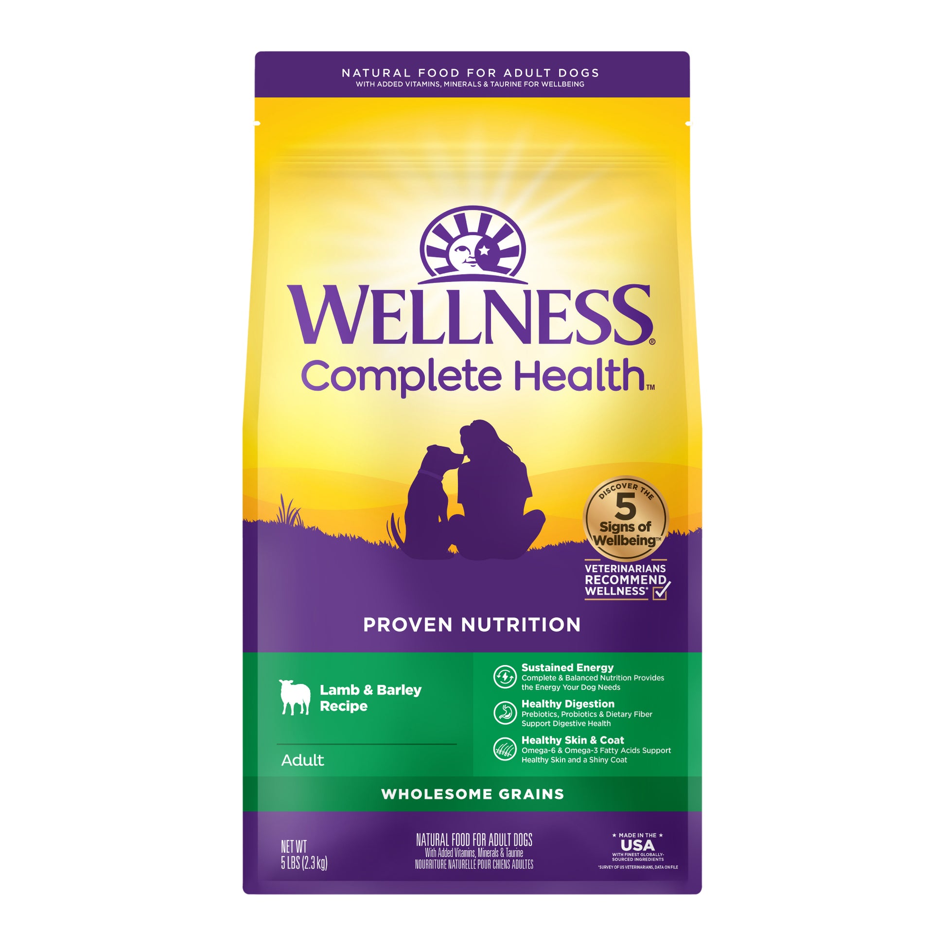 Wellness Complete Health Lamb & Barley Recipe Dry Dog Food bag with purple and yellow sunset design.