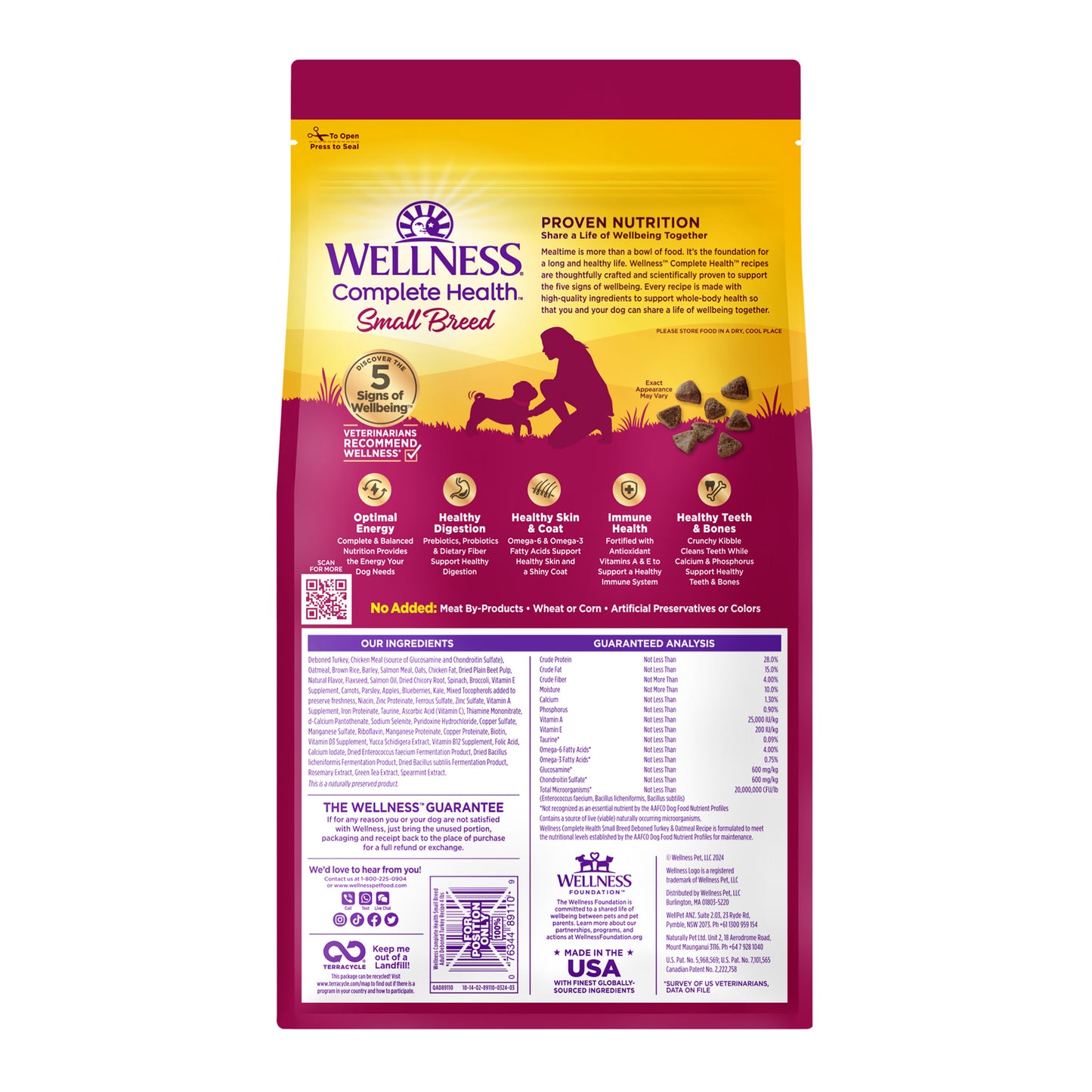 Wellness Complete Health Small Breed Turkey & Oatmeal Dry Dog Food bag, purple and gold design.