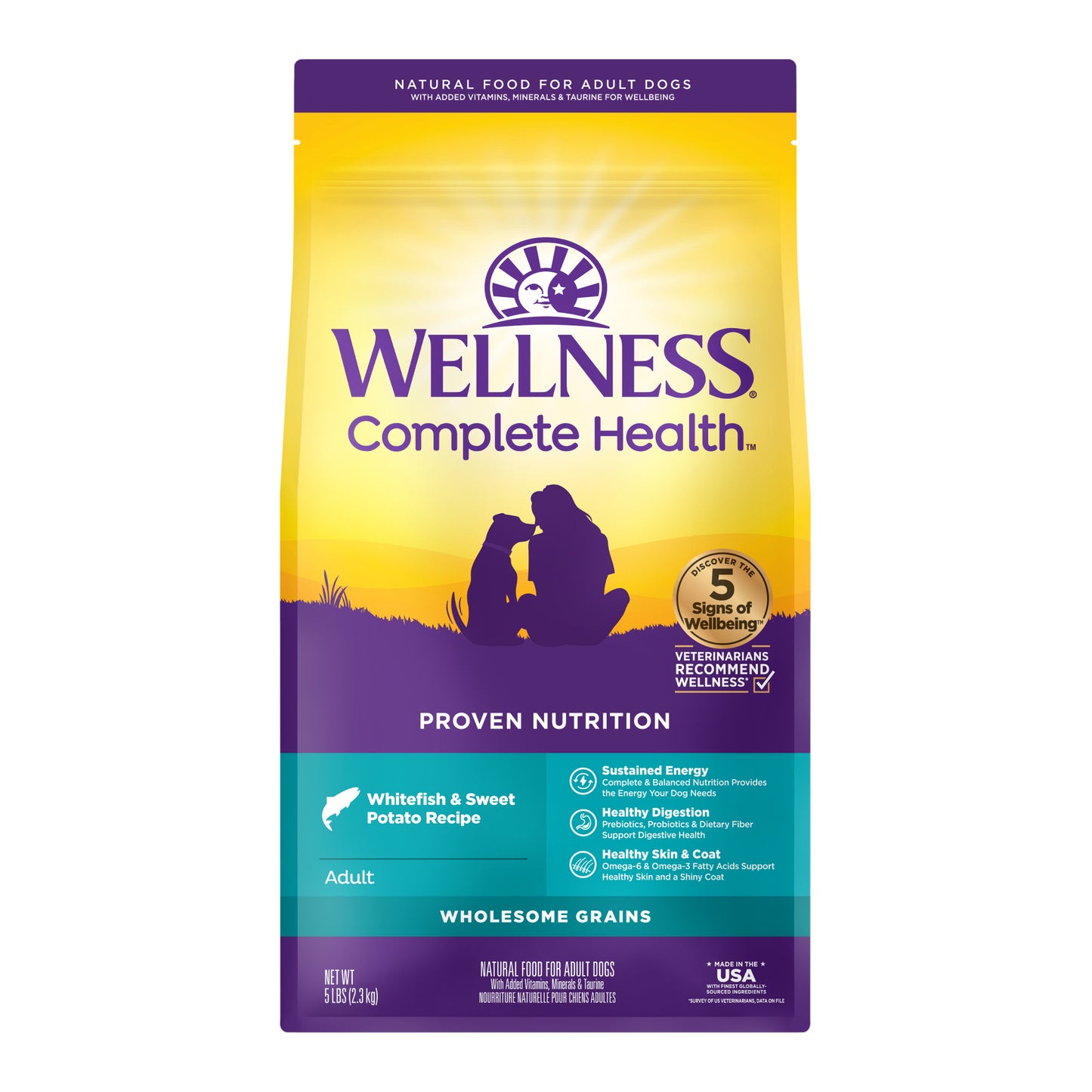 Wellness Complete Health Whitefish & Sweet Potato dry dog food bag, 5 lbs, with purple and yellow sunset design.