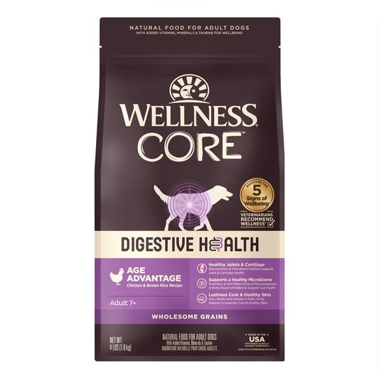 Wellness CORE Digestive Health Age Advantage Senior dry dog food bag, chicken & brown rice recipe, 4 lbs.