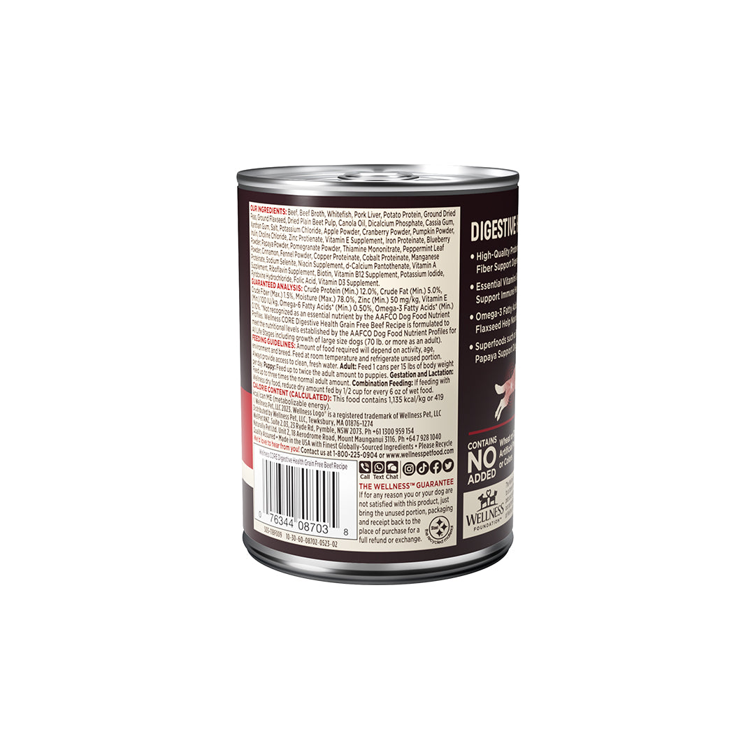 Silver 13oz can of Wellness Core Digestive Health Pate Beef Wet Dog Food with detailed black and white label.