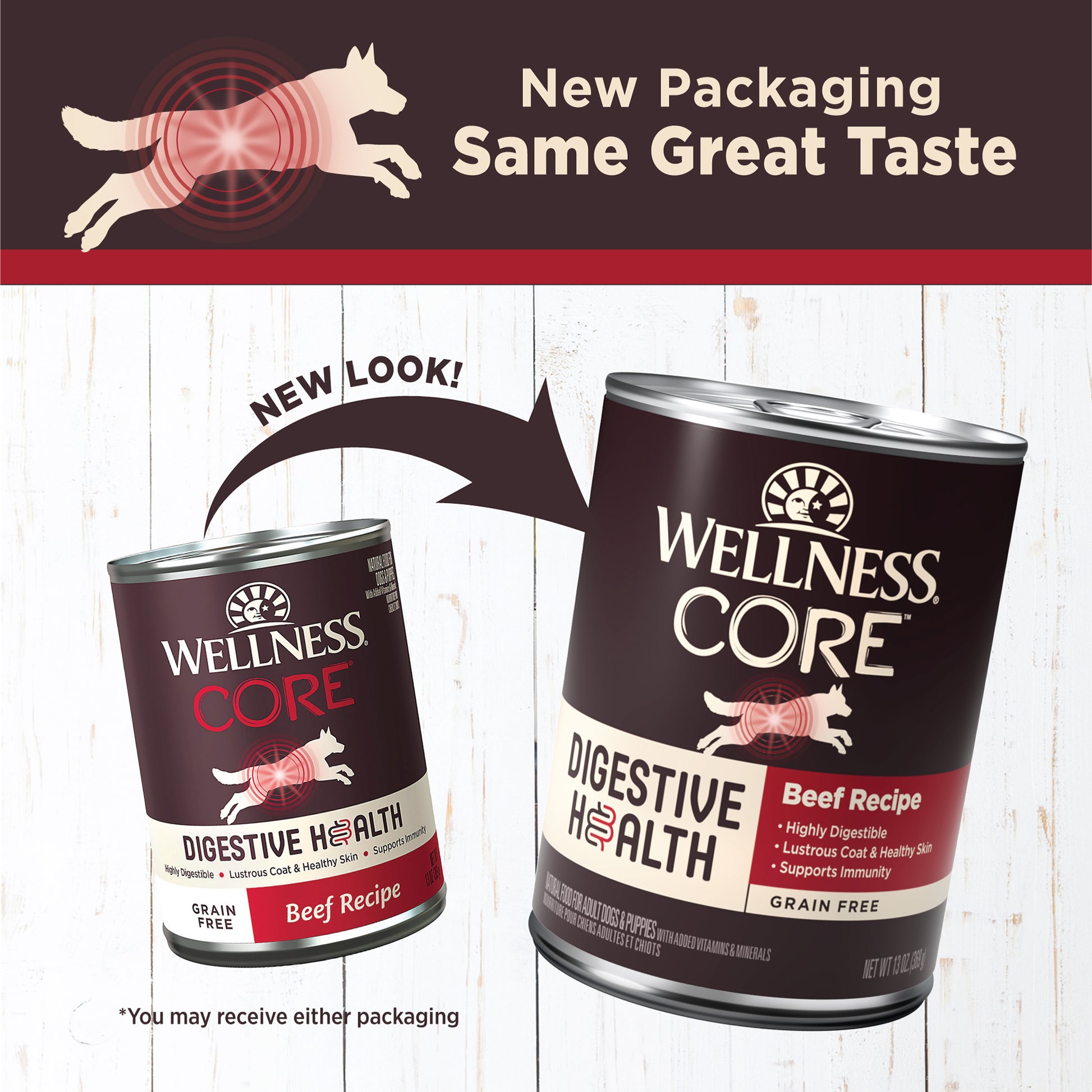 Two Wellness Core Digestive Health Beef Wet Dog Food cans, showing the old and new packaging designs.