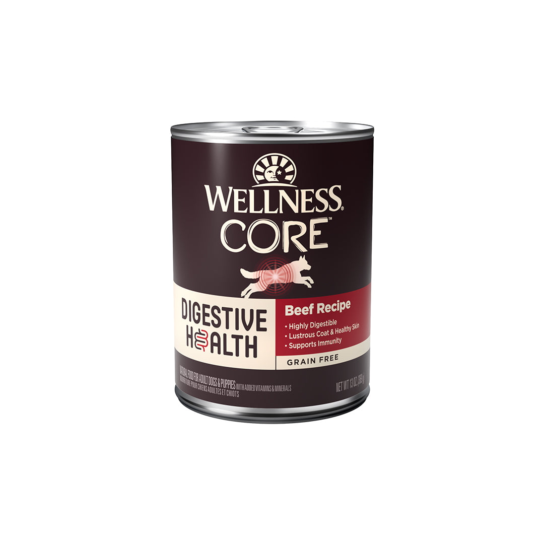 Wellness Core Digestive Health Beef Recipe wet dog food, 13oz dark brown can with white and red label.