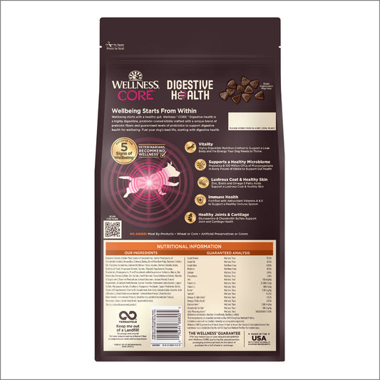 Wellness Core Digestive Health Small Breed Chicken dry dog food bag, dark brown with red and green accents.