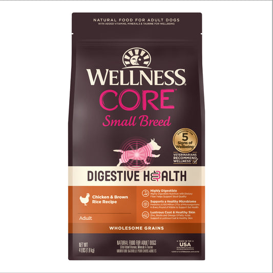 Wellness CORE Digestive Health Small Breed Chicken & Brown Rice dry dog food bag.