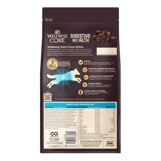 Wellness CORE Digestive Health dry dog food bag, dark brown with whitefish and brown rice details.