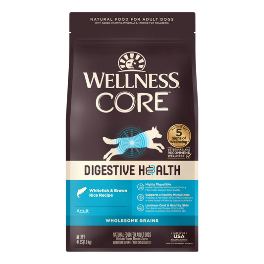 Wellness CORE Digestive Health Whitefish & Brown Rice dry dog food bag, 4lb, with a dog silhouette.