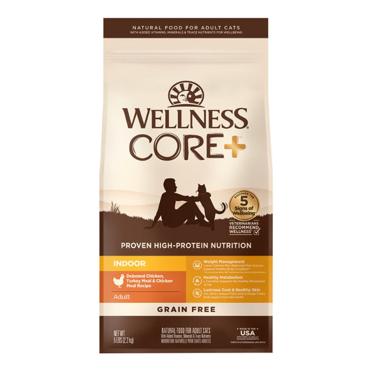 Wellness Core+ Indoor Chicken, Turkey & Chicken Meal Indoor Formula Dry Cat Food [2 Sizes]