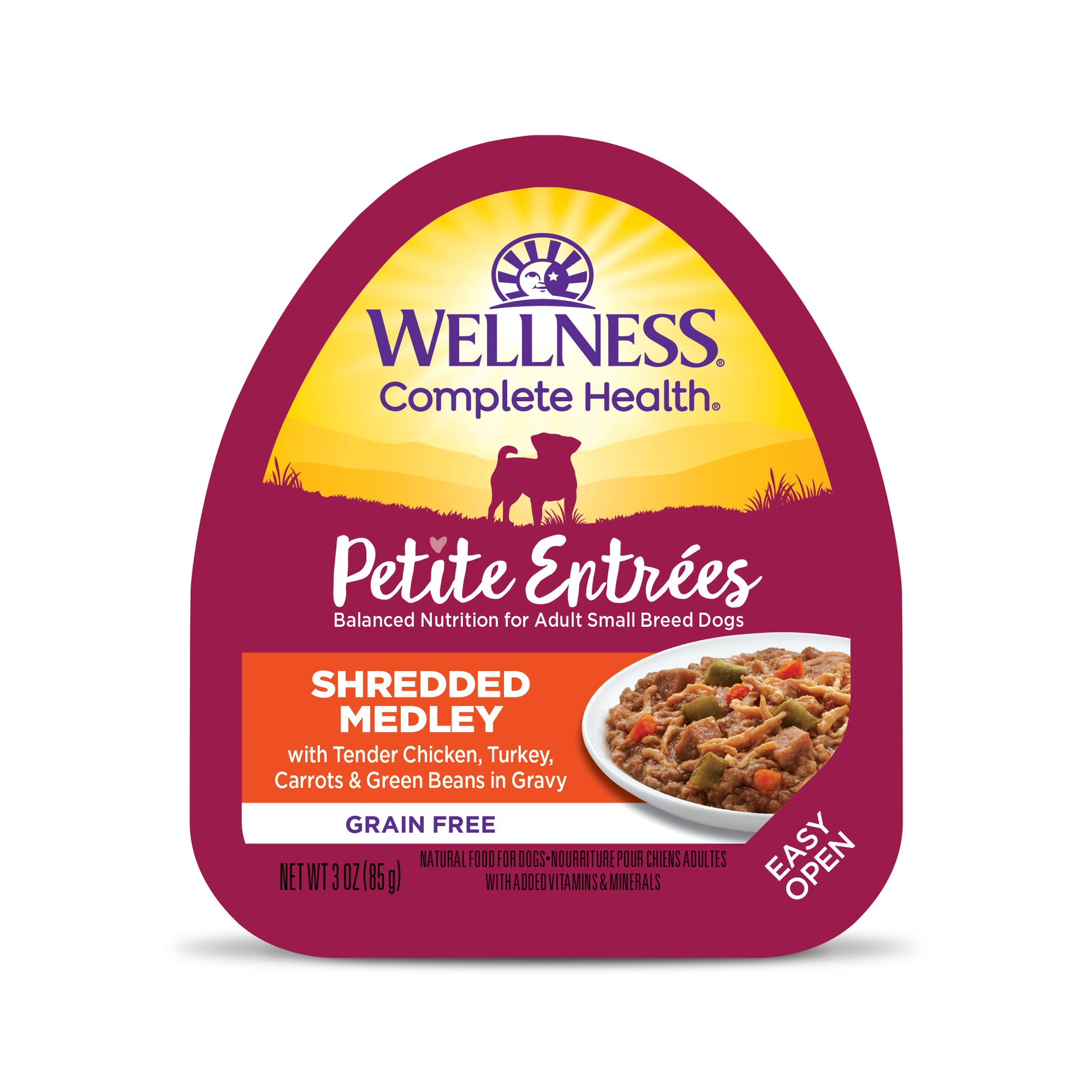 Wellness Petite Entrees Shredded Medley Tender Chicken, Turkey Carrots & Green Beans Wet Dog Food 3oz