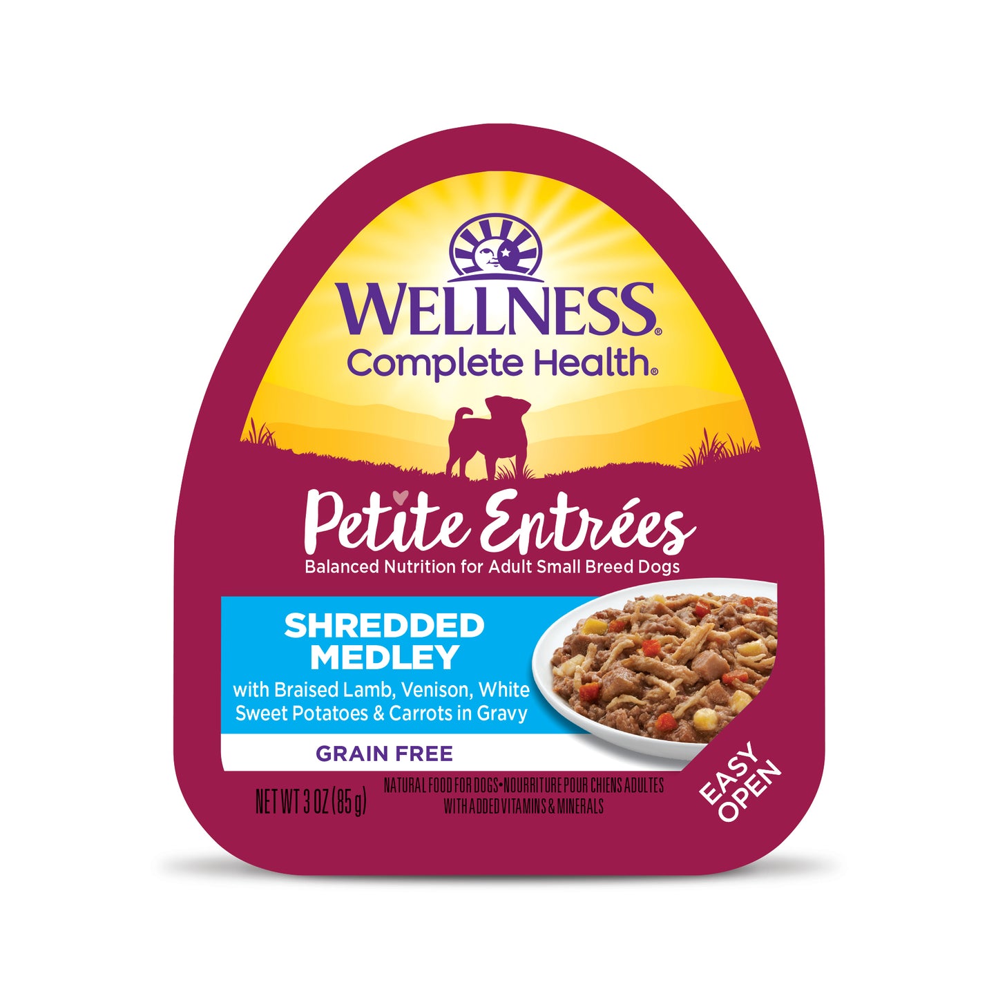 Wellness Petite Entrées Shredded Medley With Braised Lamb, Venison, White Sweet Potatoes & Carrots Wet Dog Food 3oz