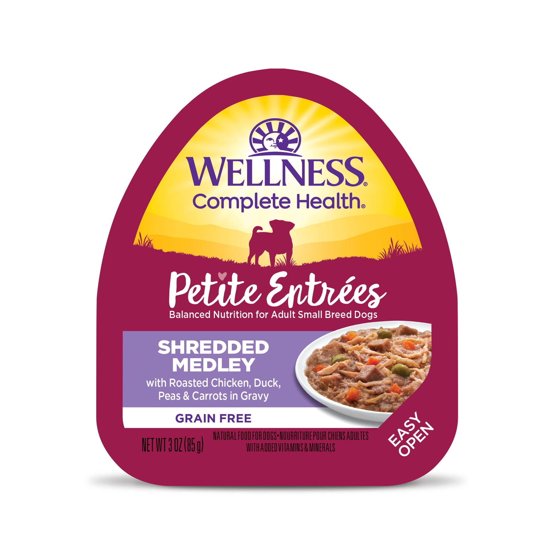 Wellness Petite Entrées Shredded Medley With Roasted Chicken, Duck, Peas & Carrots Wet Dog Food 3oz