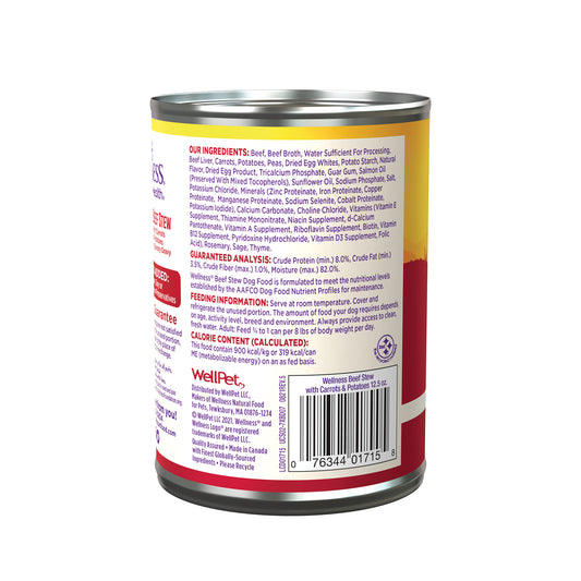 Wellness Stew Beef with Carrots & Potatoes Wet Dog Food 12.5oz can, red and yellow label.