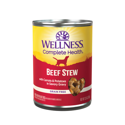 Wellness Complete Health 12.5oz can of Beef Stew wet dog food with carrots & potatoes.