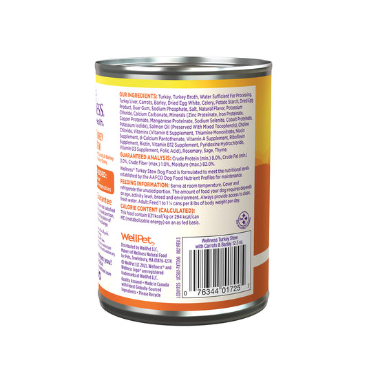 Wellness Turkey Stew Wet Dog Food 12.5oz can, showing ingredients, nutrition, and barcode on a white background.