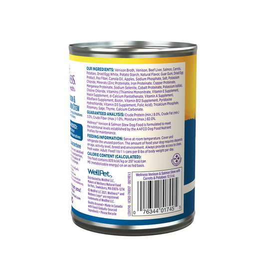 Wellness Stew Venison & Salmon Wet Dog Food 12.5oz can with purple and yellow label.