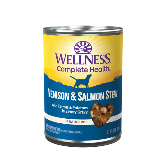 Wellness Complete Health Venison & Salmon Stew 12.5oz wet dog food can with blue and yellow label.