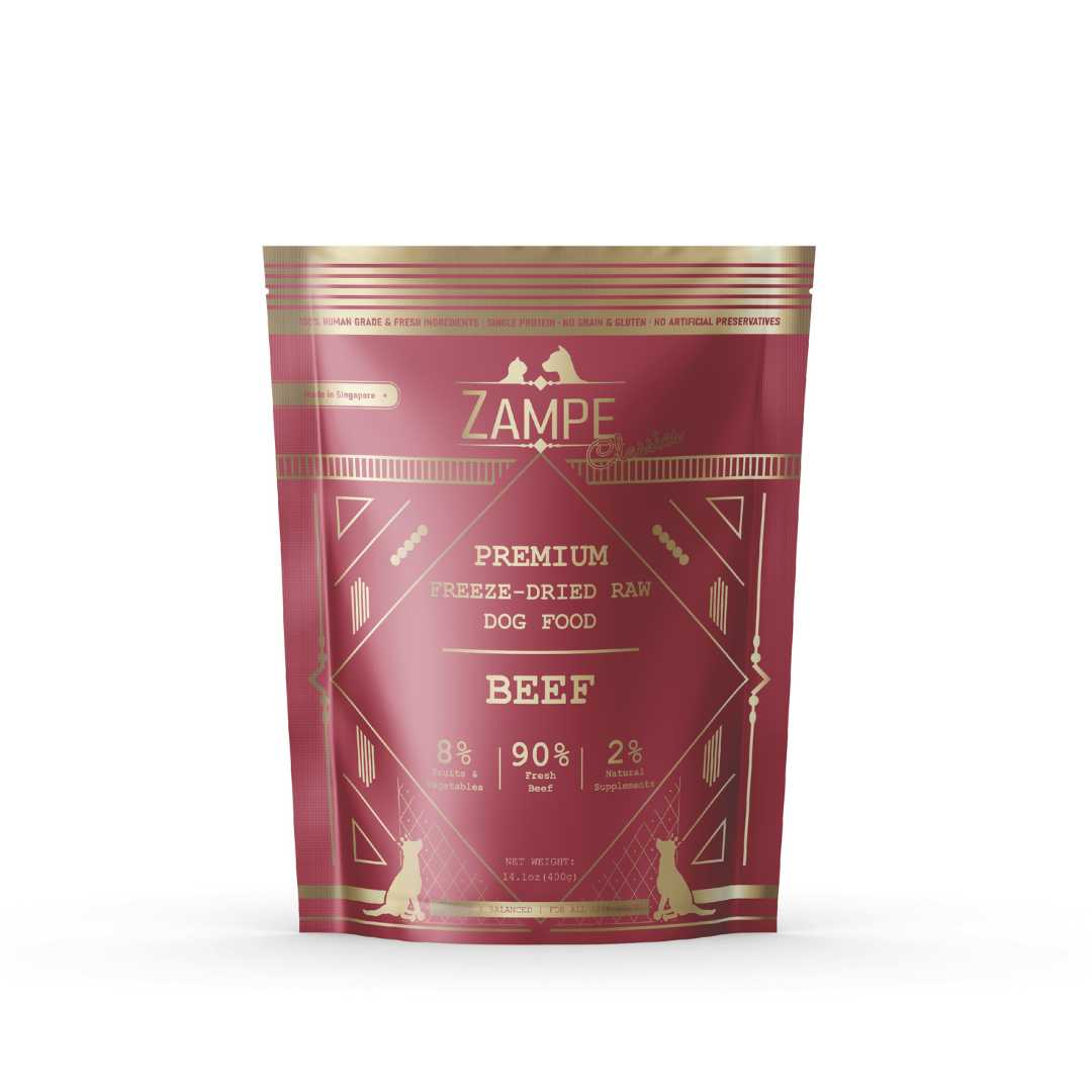 Zampe Freeze Dried Pops Beef dog food, 400g, in a red and gold stand-up pouch with dog silhouettes.