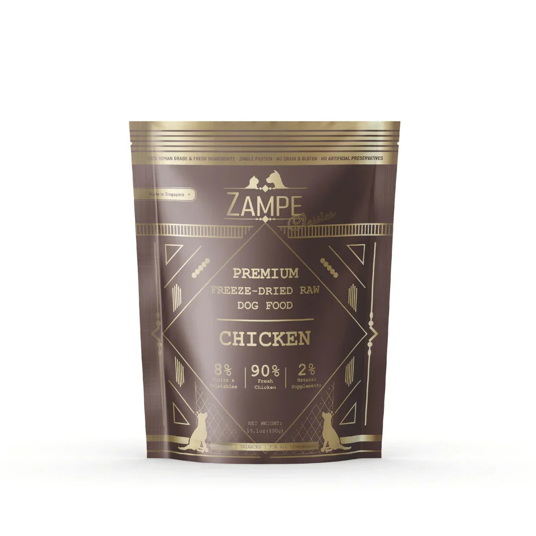 Zampe Freeze Dried Raw Dog Food Chicken, 400g, in a brown and gold stand-up pouch.
