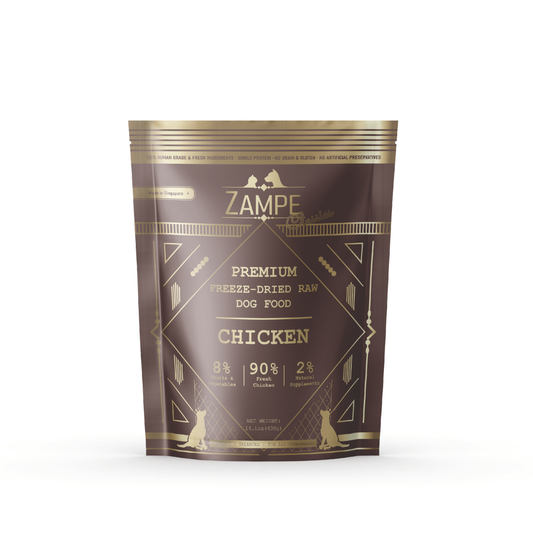 Zampe Freeze Dried Raw Dog Food Chicken, 400g, in a brown and gold stand-up pouch.