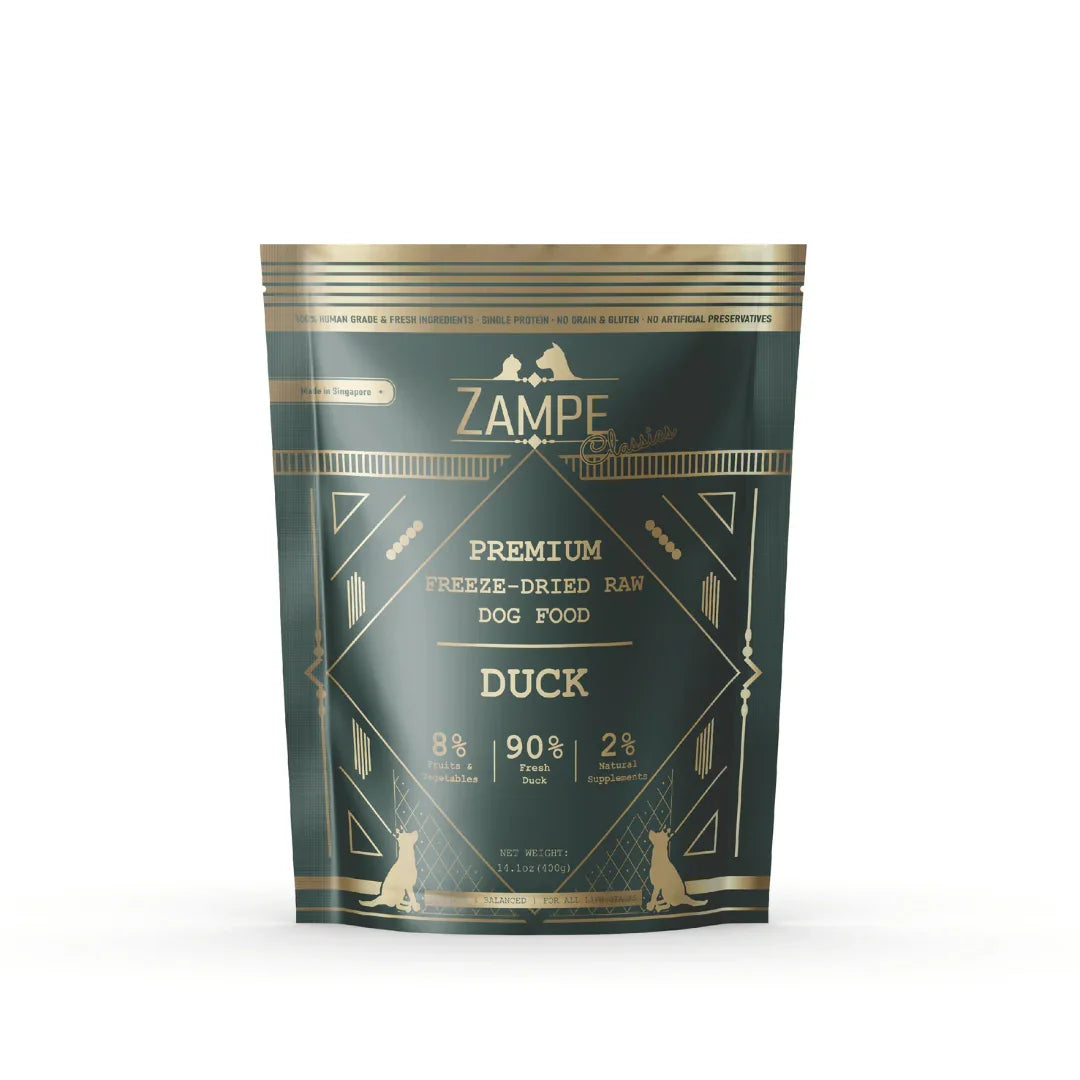 Zampe Freeze Dried Raw Duck Dog Food, 400g, in a dark green and gold stand-up pouch.