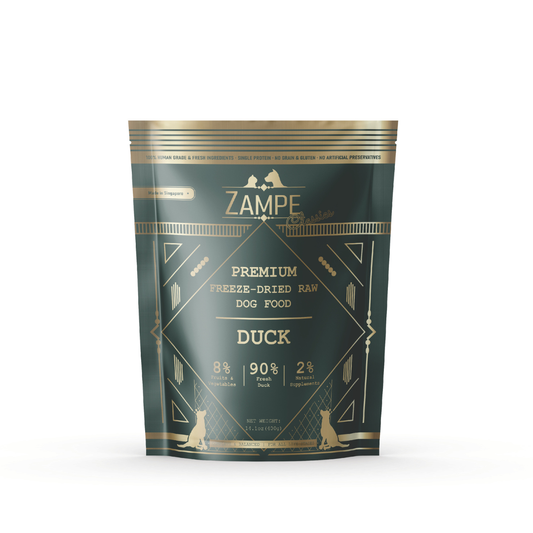 Zampe Freeze Dried Raw Duck Dog Food, 400g, in a dark green and gold stand-up pouch.