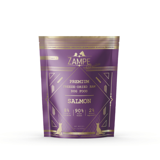 Zampe Freeze-Dried Raw Dog Food Salmon, 400g purple pouch with gold accents and dog silhouettes.
