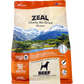 Zeal Air Dried Dry Dog Food, Beef flavor, in an orange and beige pouch with a New Zealand landscape.