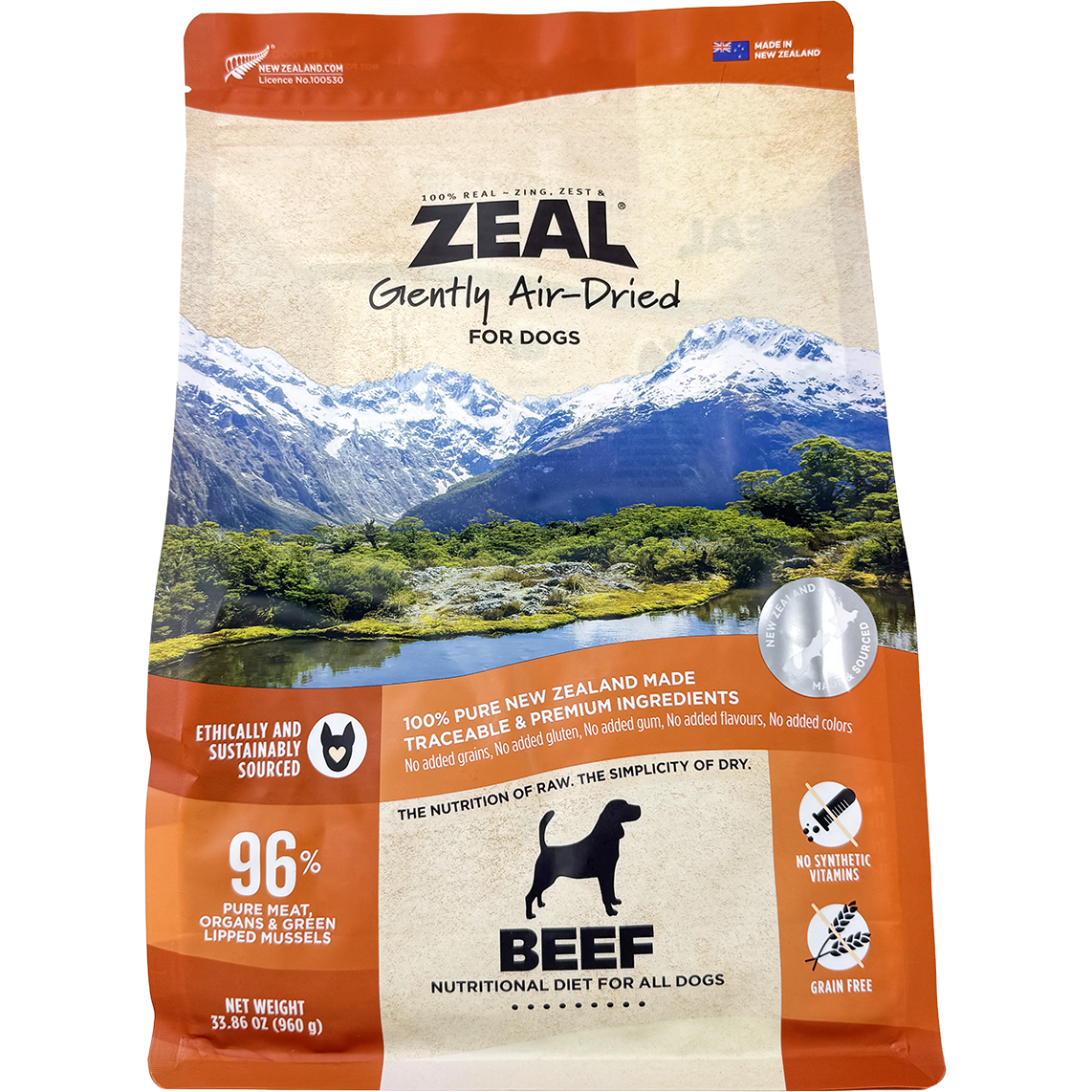 Zeal Air Dried Dry Dog Food, Beef flavor, in an orange and beige pouch with a New Zealand landscape.