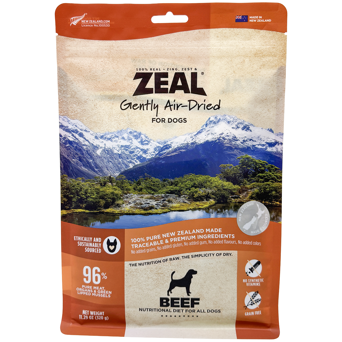Zeal Air Dried Beef Dog Food bag with New Zealand mountain and lake graphic.