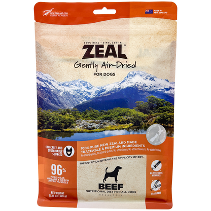 Zeal Air Dried Beef Dog Food bag with New Zealand mountain and lake graphic.