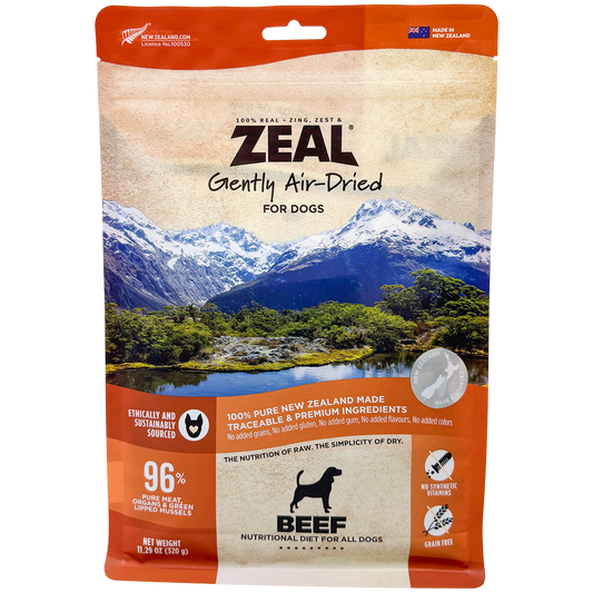 Zeal Air Dried Beef Dog Food bag with New Zealand mountain and lake graphic.