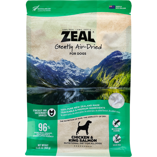 Zeal Air-Dried Dog Food bag, green and beige, featuring mountains, a dog silhouette, and product details.