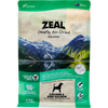 Zeal Air-Dried Dog Food bag, green and beige, featuring mountains, a dog silhouette, and product details.