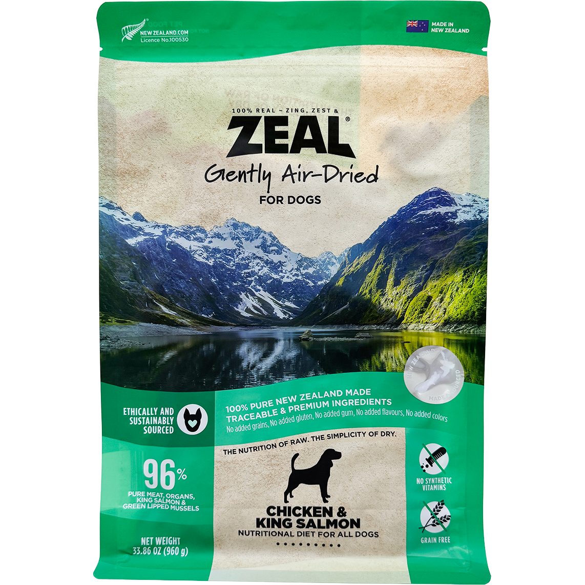 Zeal Air-Dried Dog Food bag, green and beige, featuring mountains, a dog silhouette, and product details.