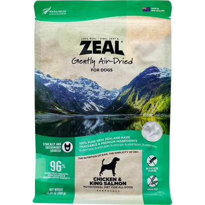 Zeal Air-Dried Dog Food bag, green and beige, featuring mountains, a dog silhouette, and product details.