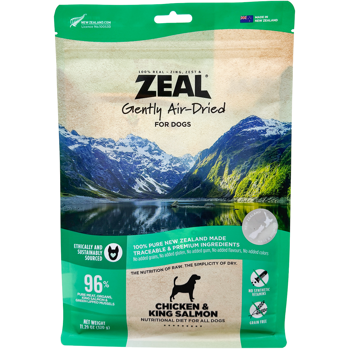 Zeal Gently Air-Dried Dog Food, Chicken & King Salmon, in a nature-themed pouch with mountains and lake.