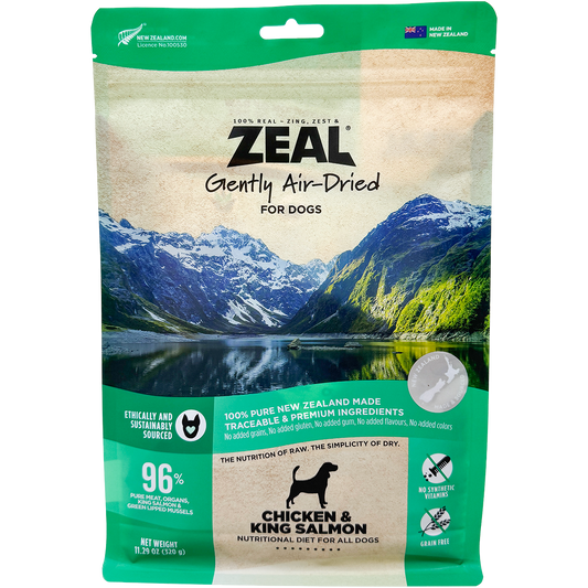 Zeal Gently Air-Dried Dog Food, Chicken & King Salmon, in a nature-themed pouch with mountains and lake.