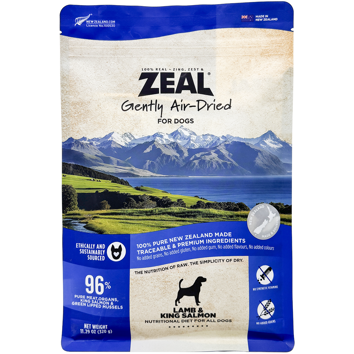 Zeal Air-Dried Lamb & Salmon dog food, 320g, in a white and blue pouch with a scenic New Zealand landscape.