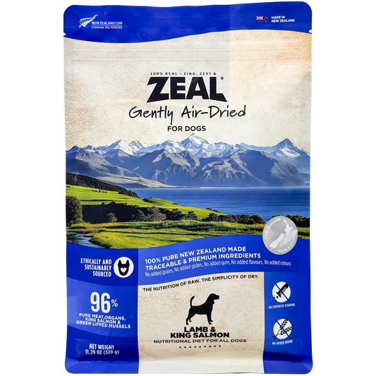 Zeal Air-Dried Lamb & Salmon dog food, 320g, in a white and blue pouch with a scenic New Zealand landscape.