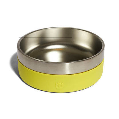 ZeeDog Tuff Bowl in lime, a stainless steel dog bowl with a yellow silicone base.